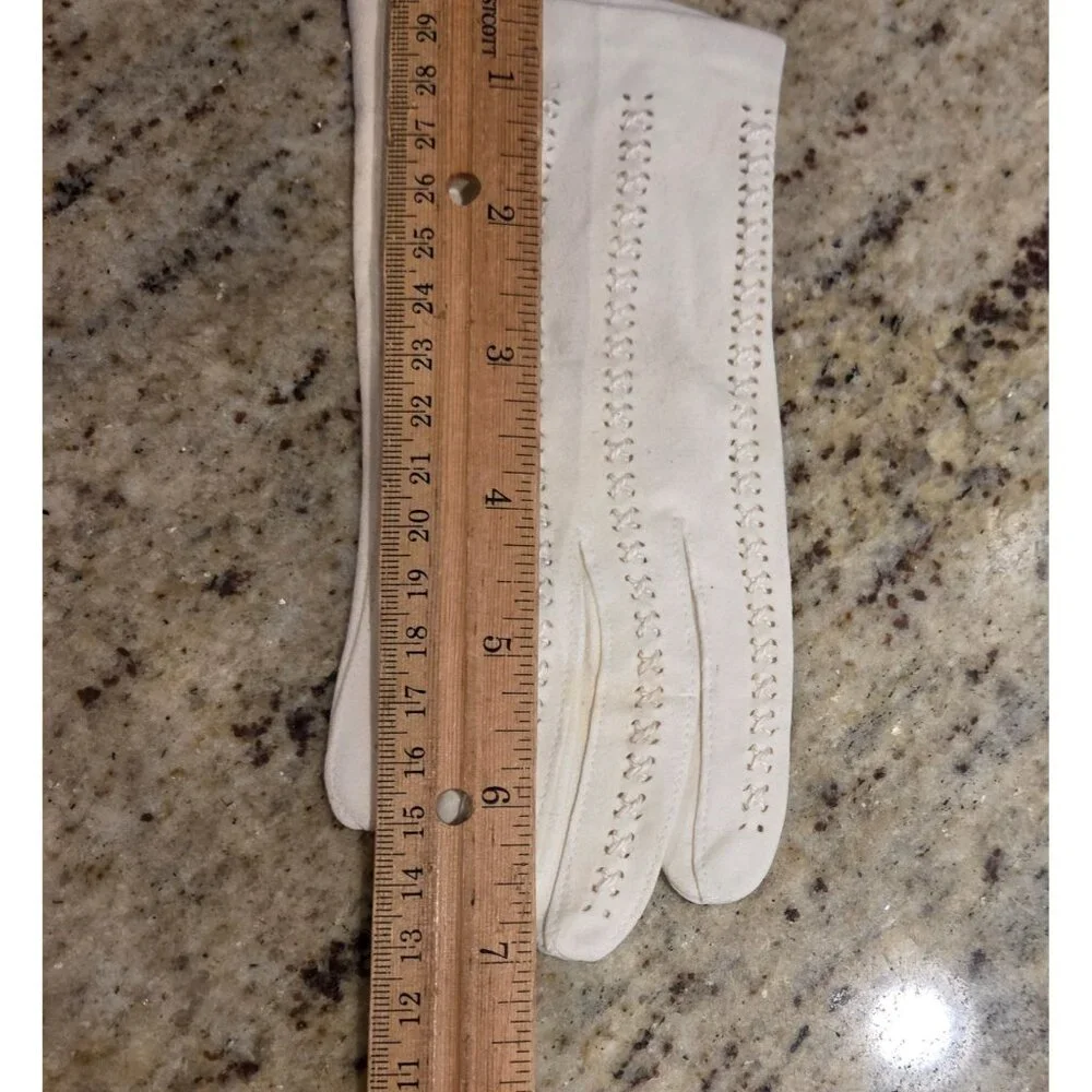 Vintage Womens Size XS Off-White Suede Short Formal Gloves Cross Stitch Stripe